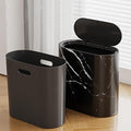 Bathroom Garbage Can with Lid Plastic Marble Wood Pattern Trash Can Modern Waste Basket for Home Indoor Hote Small Garbage Bin Narrow Kitchen Trash Can Durable &amp Space-Efficient (Black)