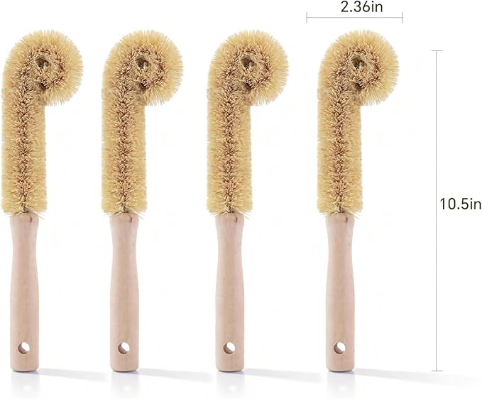 Wooden Bottle Brush - L-Shape Long Handle Cup Scrubber for Water Bottles Decanters &amp Glassware - Beech Wood Kitchen Cleaning Tool (Multipack) (4)