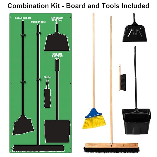 Clean &amp Sweep 5S Shadow Board/Wall Mount Broom Holder 68 x 30 Board 5S Cleaning Station - with Broom and Dustpan Set Included Made in The USA by AccuformNMC Green/Black PSB116GNBK