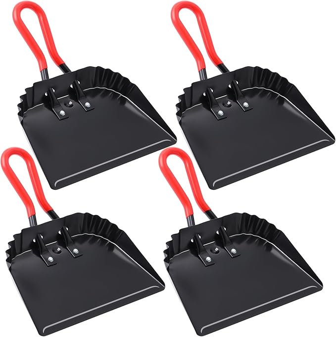 Uiifan 4 Pcs Industrial Metal Dustpans 12 Heavy Duty Dust Pan with Handle Commercial Dustpan Wide Scooper Dust and Debris Sweeping Tool Precision Edge Rubber Grip Loop Handle (Black)