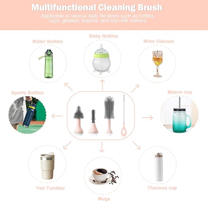 Electric Baby Bottle Brush Set with Rechargeable Electric Bottle Brush Cleaner and Replaceable Silicone Bottle Brushes and Straw Brush Cleaner Waterproof Multi-Purpose Cleaning Brush(Pink)