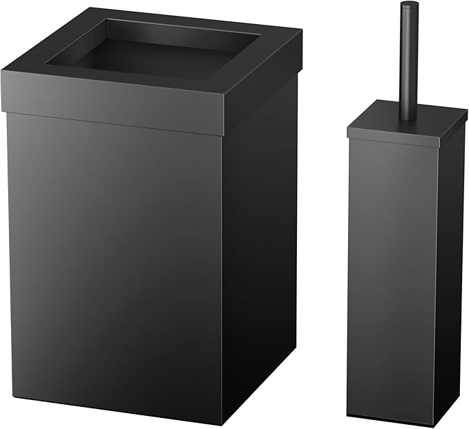 Gatco Small Bathroom Trash Can with Lid and Toilet Brush Set Square 3 Gallon Stainless Steel Wastebasket Under Sink Matte Black for Bathroom Bedroom Office (2972)