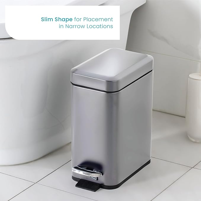 Home Zone Living 1.3 Gallon Small Bathroom Trash Can with Lid and Step Pedal Stainless Steel Wastebasket with Slim Design for Home and Office Silver 5 Liters