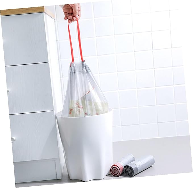 VICASKY 90pcs Drawstring Trash Bags Disposable Garbage Bags with Handles for Kitchen and Bathroom Use Gray and White Color Random Styles Random Color