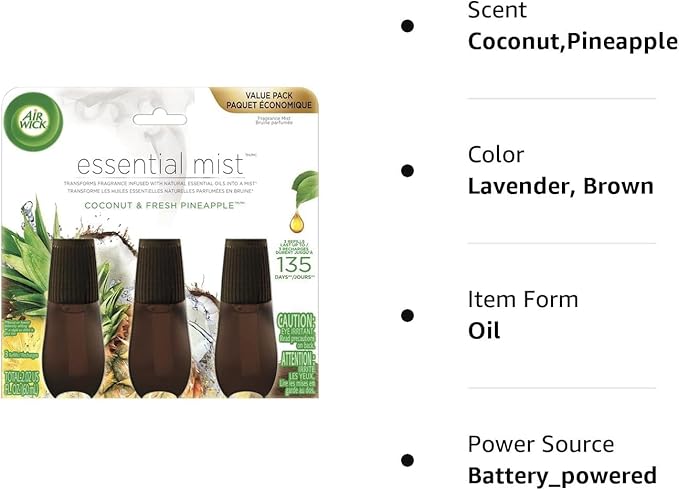 Air Wick Essential Mist Refill 3 ct Coconut and Pineapple Essential Oils Diffuser Air Freshener