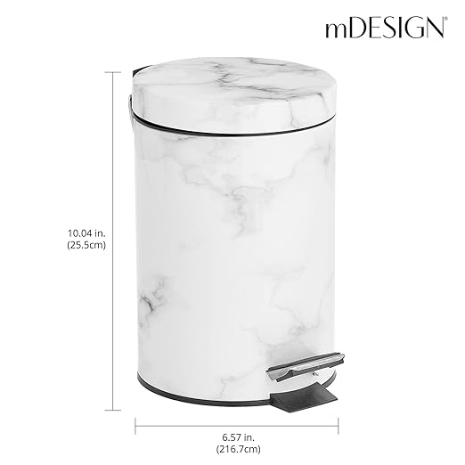 mDesign Extra Small Modern 3-Liter/.7 Gallon Round Metal Lidded Step Trash Can Compact Garbage Bin with Removable Liner Bucket and Handle for Bathroom Kitchen Office Garage - White Marble Print