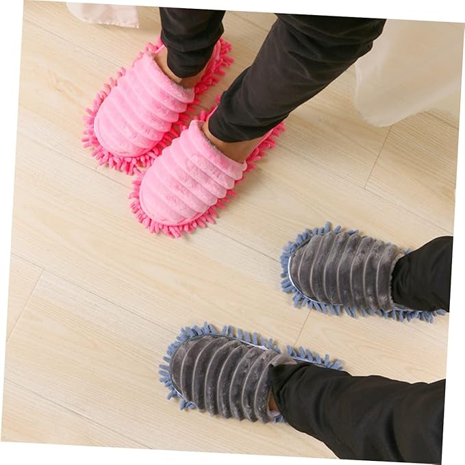 1 Pair Furry Stripes Floor Cleaning Slippers with Detachable Bottom Size Grey Unisex Mopping Slipper for House Cleaning Tool Supplies