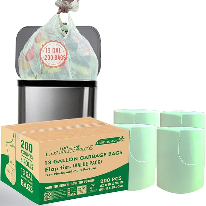 13 Gallon Flap Tie Compostable Trash Bags 200 Count Compost Bags Tall Kitchen Trash Bags Sturdy Biodegradable Garbage Bags Food Scrap Waste Bags ASTM D6400 US BPI Certified Green