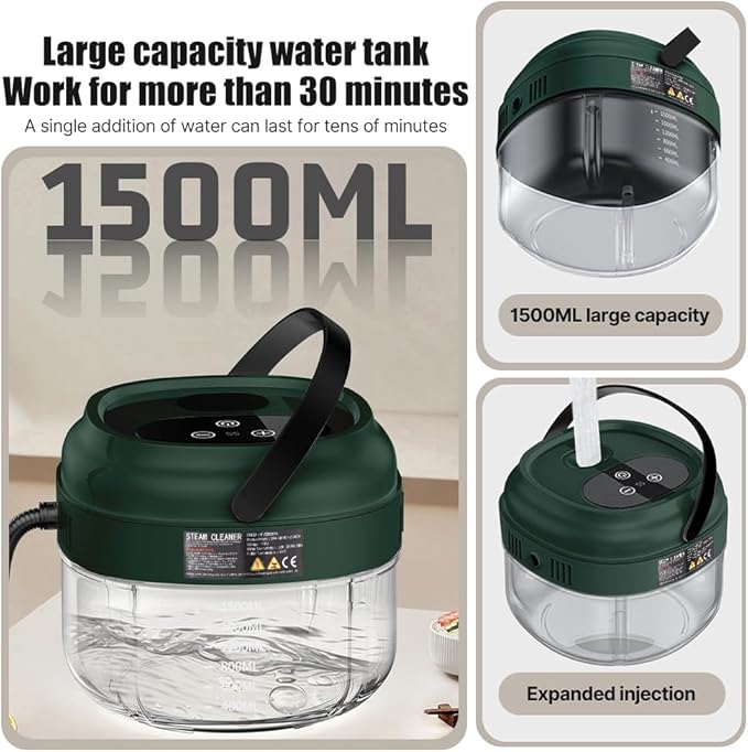 Pressurized Handheld Multi-Surface Steam Cleaner with 3 Brushes and Extended Rod for Home Portable Deep Cleaning Steamer with 6 Gear Adjustable Digital Touch Screen 1500ml Water Tank for Kitchen