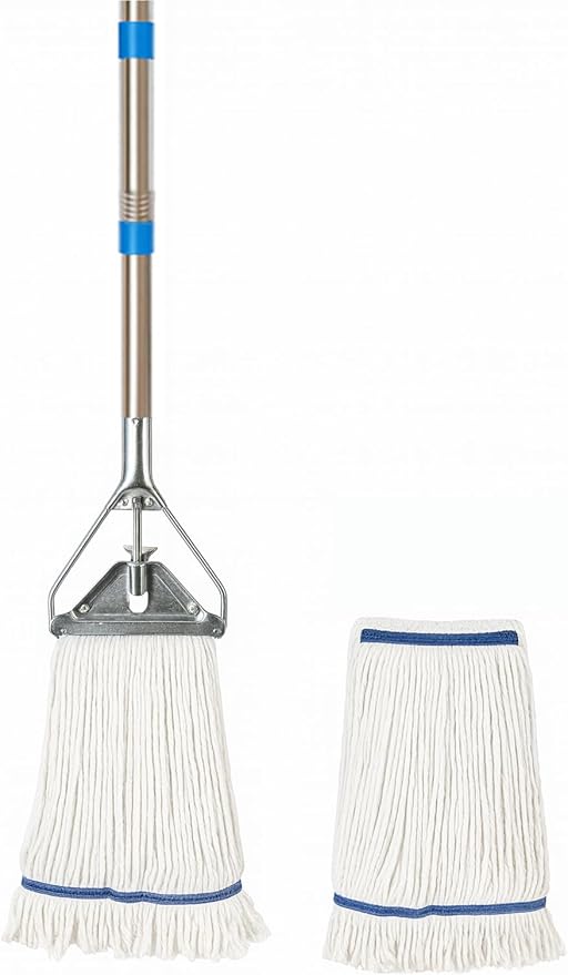 Heavy‑Duty Looped‑End String Wet Mop with Extra Mop Head – 59″ Stainless Steel Pole Large 450 g Cotton Yarn Head for Commercial &amp Industrial Cleaning with Extra Mop Head