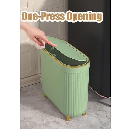 Yatmung Slim Bathroom Trash Can with Lid - Small Plastic Waste Paper Basket - Press-Top Trash Bin for Bedroom Home Office Narrow Space - 3.2 Gallon Decorative Garbage Can - Mint Green with Gold Legs