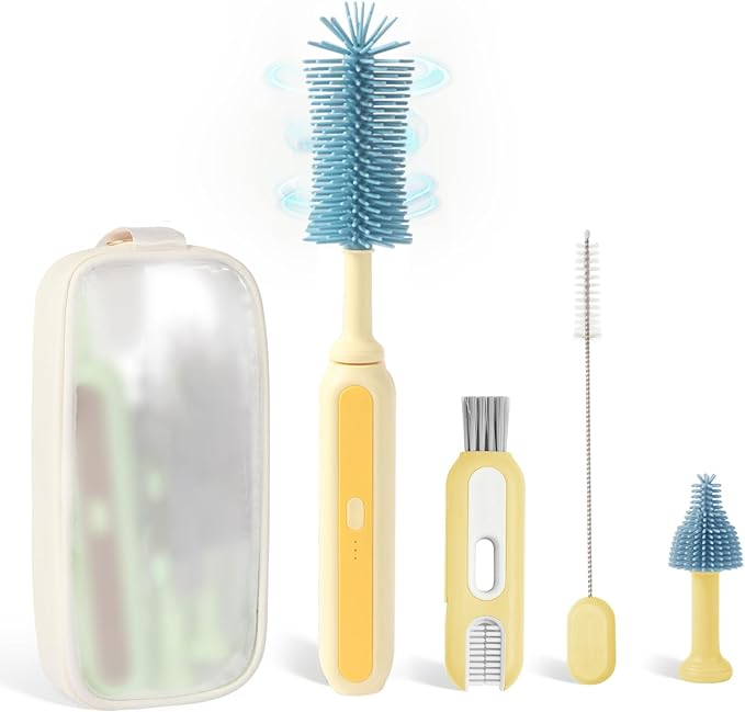 Electric Baby Bottle Brush Cleaner 5-in-1 Travel Kit with Storage Bag Food-Grade Silicone Long Battery Life Portable Baby Bottle Cleaner Brush Set Ideal Gift for Parents &amp Babies (Yellow)