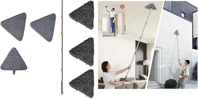 Wall Cleaner Mop with Long 81 HandleBaseboard Cleaner Tool with Handle180° Folding Ceiling Tool Duster with Squeegee360 Rotatable Wall Mop (Triangular mop Set)
