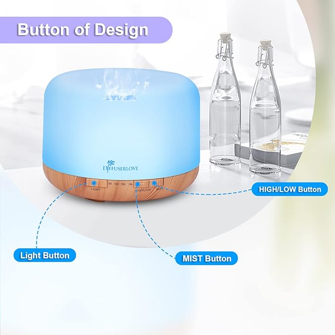 Diffuserlove Diffuser Essential Oil Diffusers 500ML Remote Control Aroma Diffuser Cool Mist Aromatherapy Diffuser with Mute Design Timer and Auto Shut-Off for Office Living Room Yellow