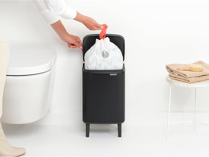 Brabantia Bo Small Lift-Open Trash Can with Raised Legs | 1.8 Gal / 7L | Matt Black | Free Standing Bedroom Bathroom Nursery Trash Can Removable Inner Bucket Non-Slip Feet | + Trash Bags
