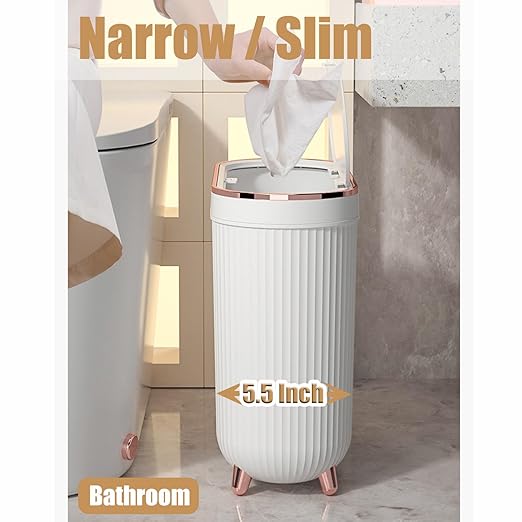 Yatmung Small Bathroom Trash Can with Lid - Slim Decorative Garbage Can - Press-Top Trash Bin for Bedroom Home Office Narrow Space Plastic - 12 Liter Waste Paper Basket - White with Rose Gold Legs