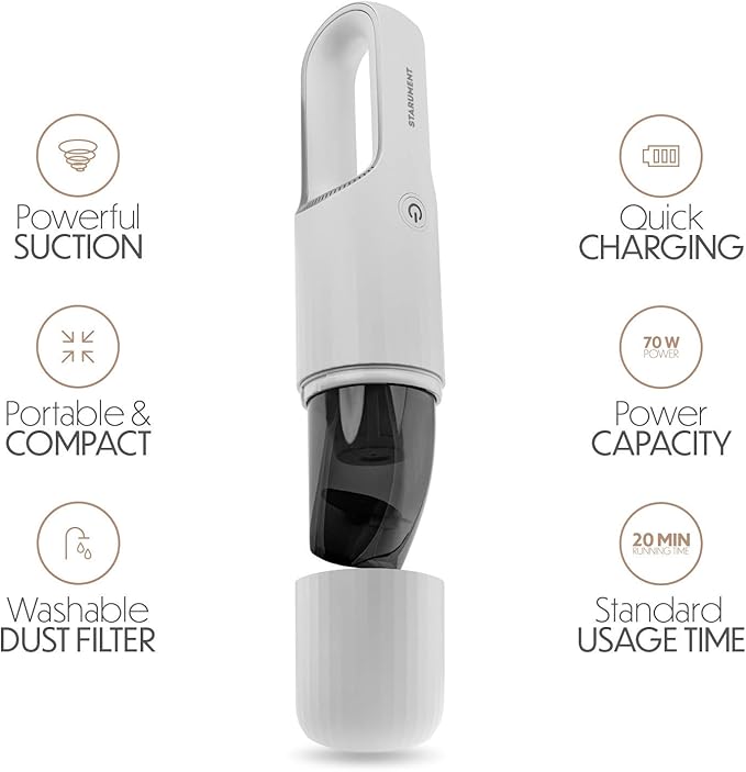 STARUMENT Portable Hand Vacuum Cleaner Handheld Cordless Cleaner for Dust Pet Hair Dirt Home Car Interior Lightweight Easy to Use Compact Design Battery Rechargeable with USB-C Cable White