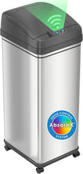 iTouchless Glide 13 Gallon Sensor Garbage Can with Wheels and Odor Control System Stainless Steel Automatic Kitchen Bin and Office Trash Bin (Powered by Battery or Optional AC Adapter)