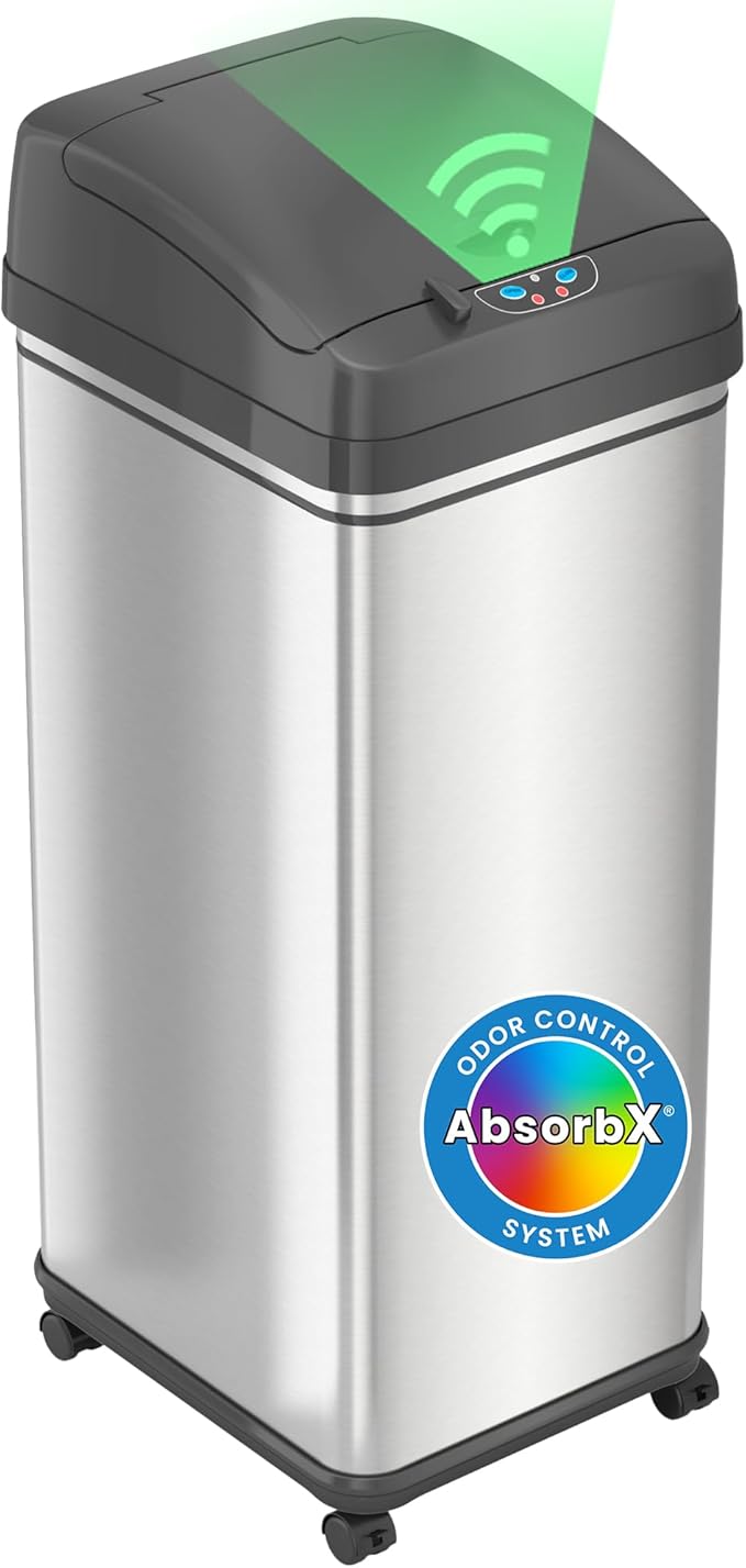 iTouchless Glide 13 Gallon Sensor Garbage Can with Wheels and Odor Control System Stainless Steel Automatic Kitchen Bin and Office Trash Bin (Powered by Battery or Optional AC Adapter)