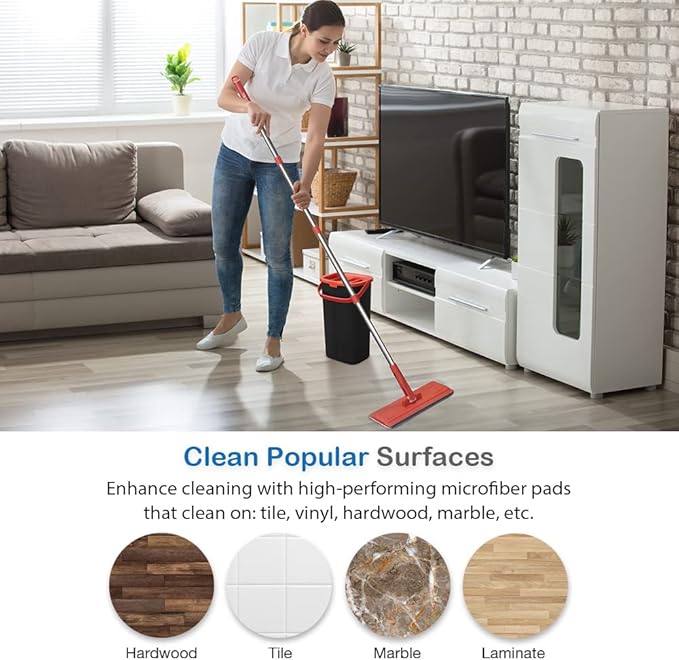 Tethys Flat Floor Mop and Bucket Set for Professional Home Floor Cleaning System with Aluminum Handle/2-Washable Microfiber Pads Perfect Home + Kitchen Cleaner for Hardwood Laminate Tiles Vinyl