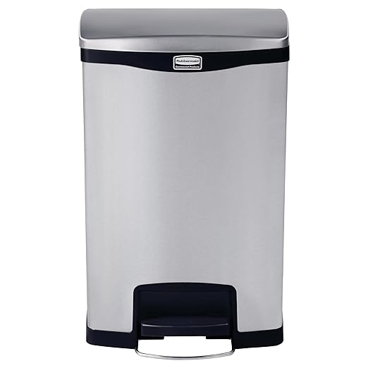 Rubbermaid Commercial Products Impressions Metal Step On Trash Can Front Step 13 GAL Stainless Steel Black Indoor for Hospitals/Office Spaces/Restaurants