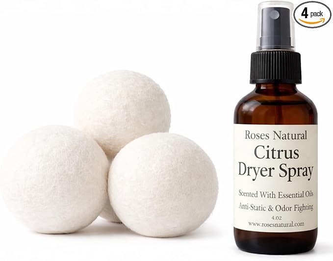 Wool Dryer Balls &amp Dryer Spray Bundle – 3 Reusable Dryer Balls + Plant-Based Essential Oil Dryer Spray Natural Fabric Freshener Anti-Static &amp Odor Fighting (Citrus)