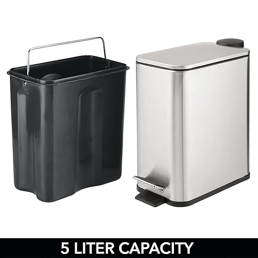 mDesign Slim Metal Rectangle 1.3 Gallon/5 Liter Trash Can with Step Pedal Easy-Close Lid Removable Liner - Narrow Wastebasket Garbage Container Bin for Bathroom Bedroom - Brushed Stainless Steel