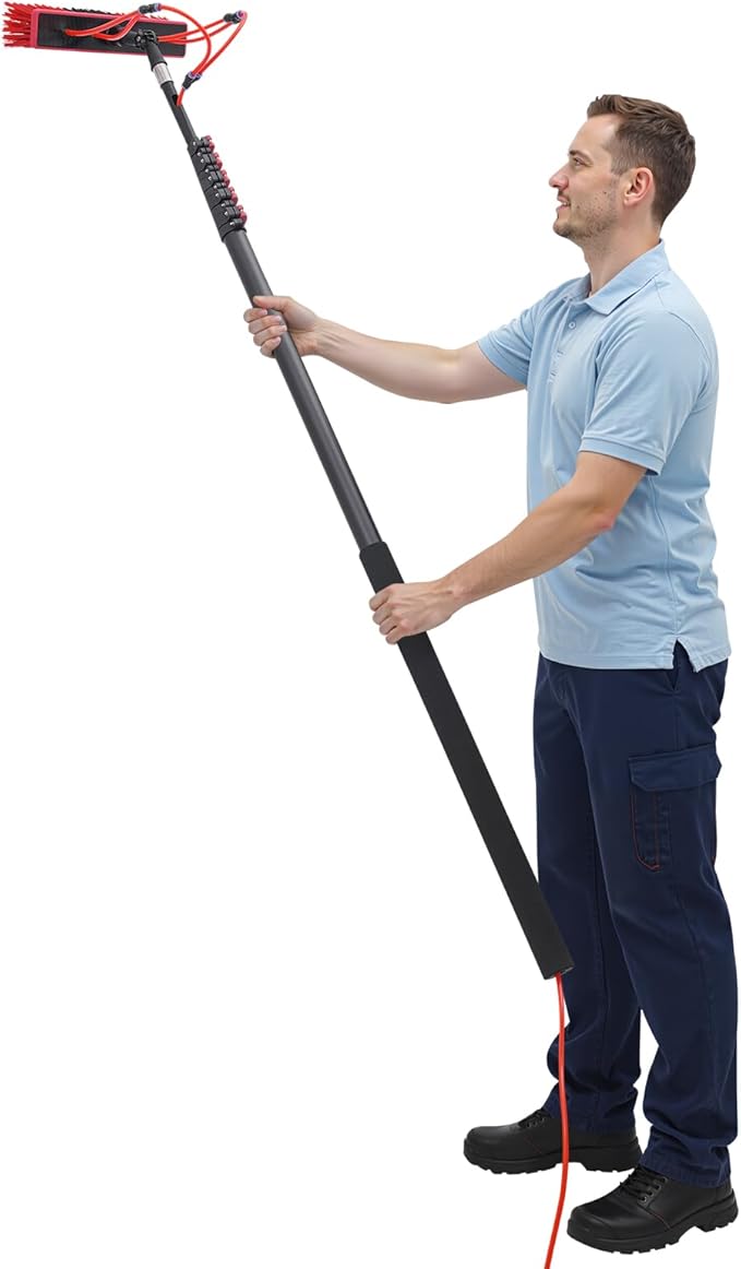 24FT Water Fed Pole Kit Telescopic Solar Panel Cleaning Brush with 210° Rotatable Head and 65.6FT Hose 6-Section Aluminum Alloy Extension Pole for Window Glass Ceiling Cleaning