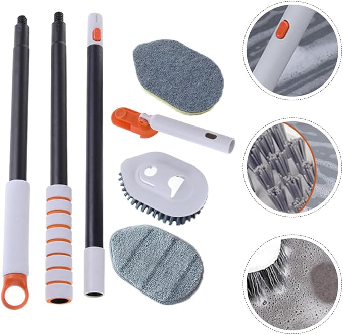 Multi-Function Floor Scrub Brush Set with Extendable Handle Bathroom Grout Brush and Tile Cleaning Scrubber Hard Bristle Replacement Head and Cleaning Cloth for Deep Floor