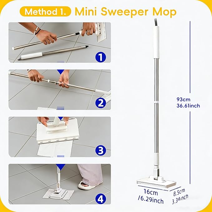 Zero Touch Mini Mop Automatic Cloth Changing Mini Mop Snap Grip MiniMop Convenient Cloth Changing MiniMop with 5 Reusable Cloths Portable Push-Pull Handle for Bathroom Kitchen (Purple)