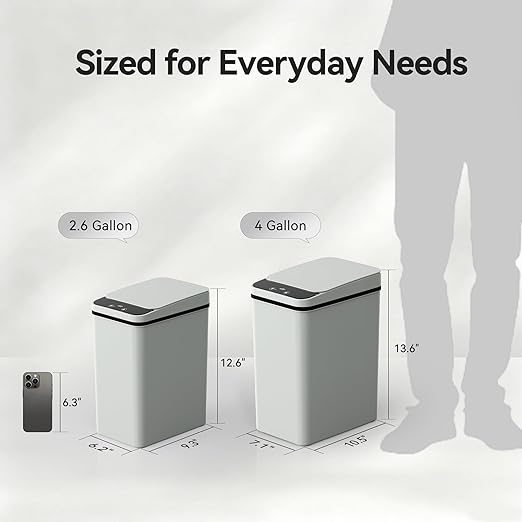 Bathroom Trash Can 2.6 Gallon Automatic Small Garbage Can with Lid Slim Motion Sensor Plastic Narrow Trash Bin for Bedroom Kitchen Office (A-Basic Battery Supply-Grey 1 Pack(2.6 Gallon))
