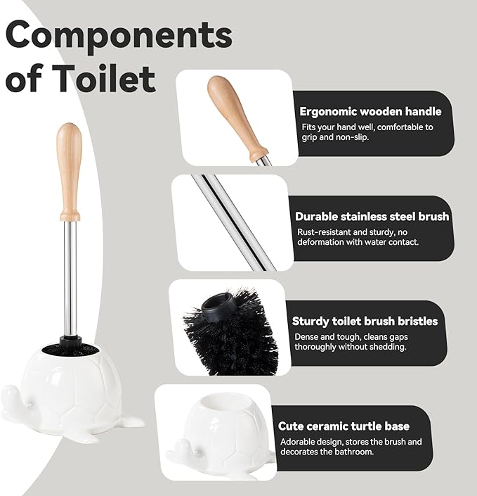 White Ceramic Turtle Base Toilet Brush and Holder Set - 7.5 Cute Toilet Bowl Cleaner Brush Ergonomic Handle Toilet Bowl Brush and Holder for Home &amp Commercial Use Bathroom Brush