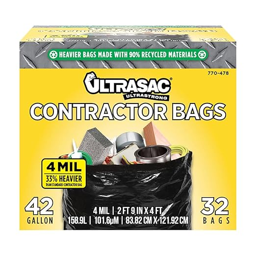 Ultrasac Extra Heavy Duty Contractor Bags - 42 gallons 4 Mil (32 Pack w/Ties) - 33 x 48 Extremely Thick and Tough Professional Trash Bag for Construction Commerical Industrial Yard Outdoor use