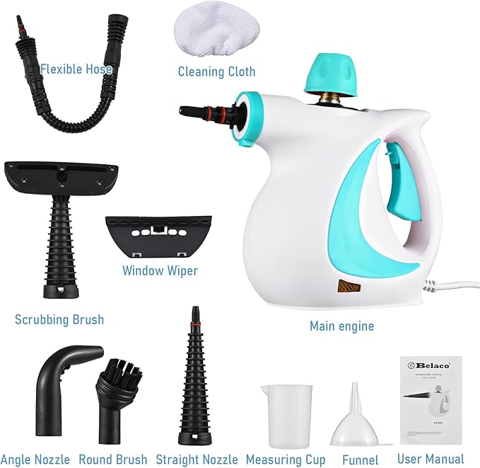 Handheld Steam Cleaner 1050W High Temperature Pressurized Steam Cleaning Machine with 9PCS Accessory Portable Multifunction Steamer for Kitchen Sofa Bathroom Car Window (US Plug)