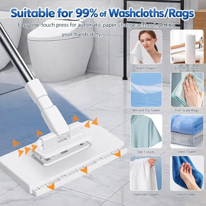 Snap Grip Mini Mop 2026 Disposable Dust Mop with 4 Reusable Cloths Multi Surface Cleaning Flat Dust for Dry Wet Disposable Pads for Kitchen Wall Bathroom Toilet Corners(White 1)