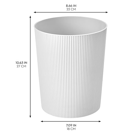 iDesign Small Round Plastic Bathroom Trash Can - Fluted Trash Can for Bathroom Bedroom or Office - White