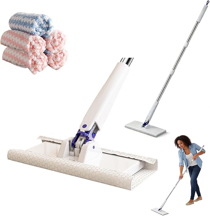 Snap Grip Mini Mop with 5 Reusable Cloths No Wash Zero Touch Disposable Lazy Mop Retractable Gap Dust Cleaner Flat Mops with Locking Head Dry Wet Pads for Floor Hardwood Kitchen Wall (107×16×8cm)