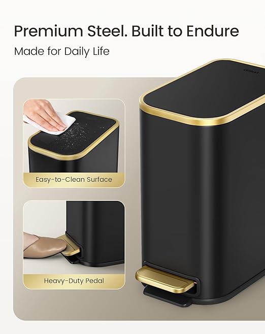 Cesun Small Bathroom Trash Can with Lid Soft Close 5 Liter/1.3 Gallon Stainless Steel Garbage Can with Removable Inner Bucket Step Pedal Slim Waste Basket for Toilet Office Bedroom (Black&ampGol