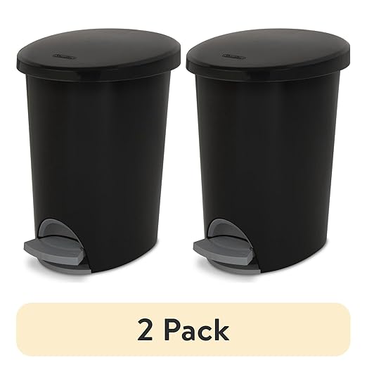 2.6 Gallon Step On Trash Can (2 Pack) Black - Small Wastebasket for Bathroom Kitchen Office - Slim Oval Plastic Bin - Foot Pedal Operated