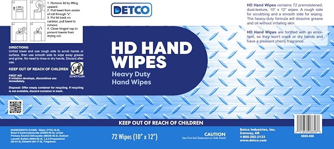 HD Hand &amp Tool Wipes – Heavy Duty Dual Purpose Cloths for Hands Tools &amp Surface Cleaning – Disposable Waterless Cleaner Towels with Scrubbing Side – 72 Count Tub