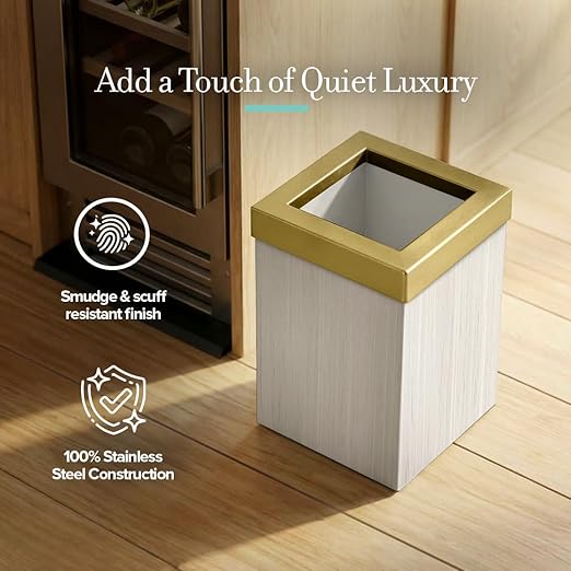 Gatco Small Bathroom Trash Can with Lid Square 3 Gallon Wastebasket Under Sink White Oak with Brushed Brass for Bathroom Bedroom Office (1936B)