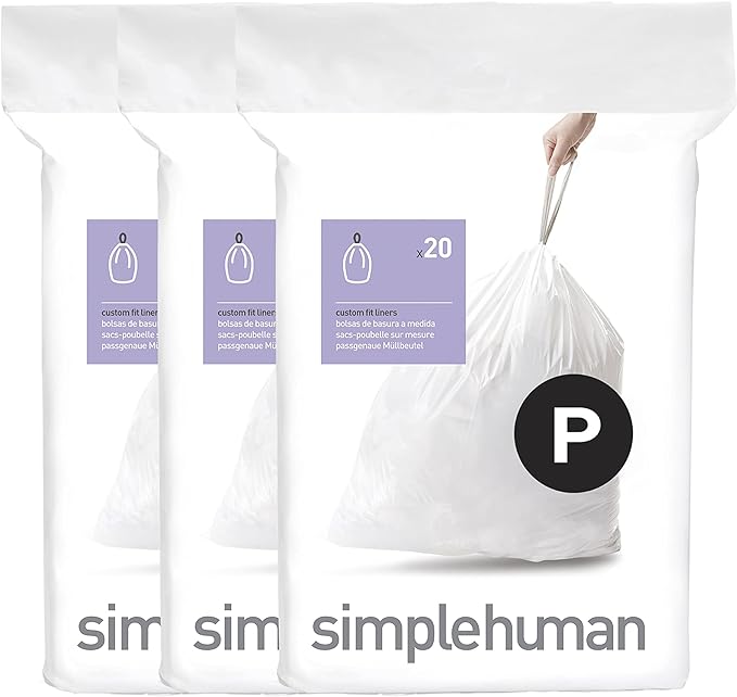 simplehuman Code P 60 Count Dispenser Pack Custom Fit Liners Drawstring Trash Bags 50-60 Liter / 13-16 Gallon White