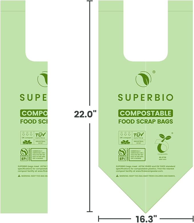 SUPERBIO 2.6 Gallon Compostable Bags with Handles 100 Count1 Pack Food Scrap Bags Certified by BPI and OK compost INDUSTRIAL 9.84L