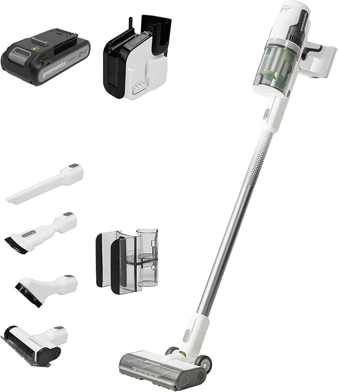 Greenworks 24V Brushless Cordless Stick Vacuum Lightweight Handheld Pet Anti-Allergen HEPA Filtration Hard Floor Carpet Car 4Ah Battery and 30-Minute Charge Time (White)