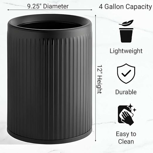 4 Pack - 4 Gallon White &amp Black Plastic Trash Can/Small Indoor Wastebasket Round Polyethylene Bin for Office Hotel Home School