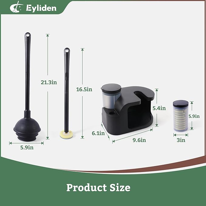Eyliden Disposable Toilet Brush and Plunger Combo | 2-in-1 Toilet Bowl Wand Kit - 10 Count Pre-Soaked Refill Heads 3-Step Plunger Storage Holder - Compact Toilet Cleaning System (Black)