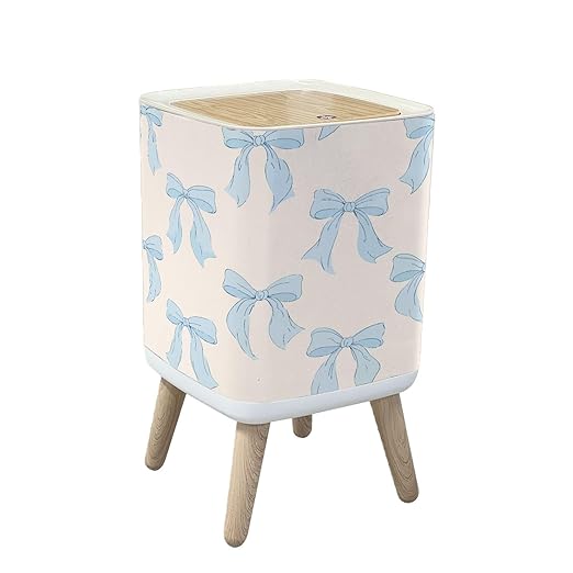 Trash Can with Lid Seamless pattern cute blue bows Trendy hair braiding accessory Hand Garbage Can Rectangular Waste Bin Press Cover Dog Proof Wastebasket for Kitchen Bathroom Living Room Nursery
