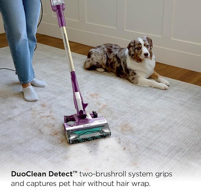 Shark POWERDETECT Ultra-Light Corded Stick Vacuum with DuoClean Technology Self-Cleaning Brushroll for No Hair Wrap Anti-Allergen Complete Seal and Odor Neutralizer Technology Purple HZ4001AMZ
