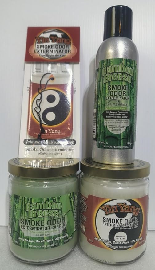 Smoke odor Exterminator Bamboo Breeze Includes two 13 oz Jar Candle One 7 oz Spray &amp one Car Hangers All in One Bundle.