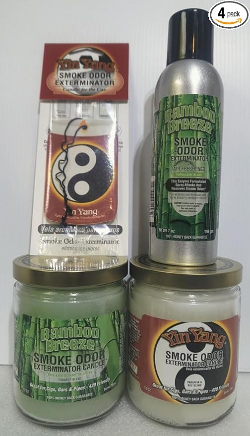 Smoke odor Exterminator Bamboo Breeze Includes two 13 oz Jar Candle One 7 oz Spray &amp one Car Hangers All in One Bundle.